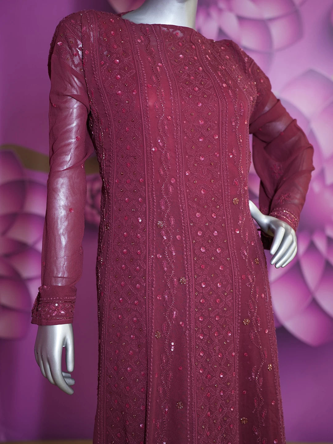 Ada Hand Embroidered Maroon Viscose Georgette Lucknowi Chikankari Semi-Stitched Anarkali Kurta Dupatta Set With Pearl Work 01A456050