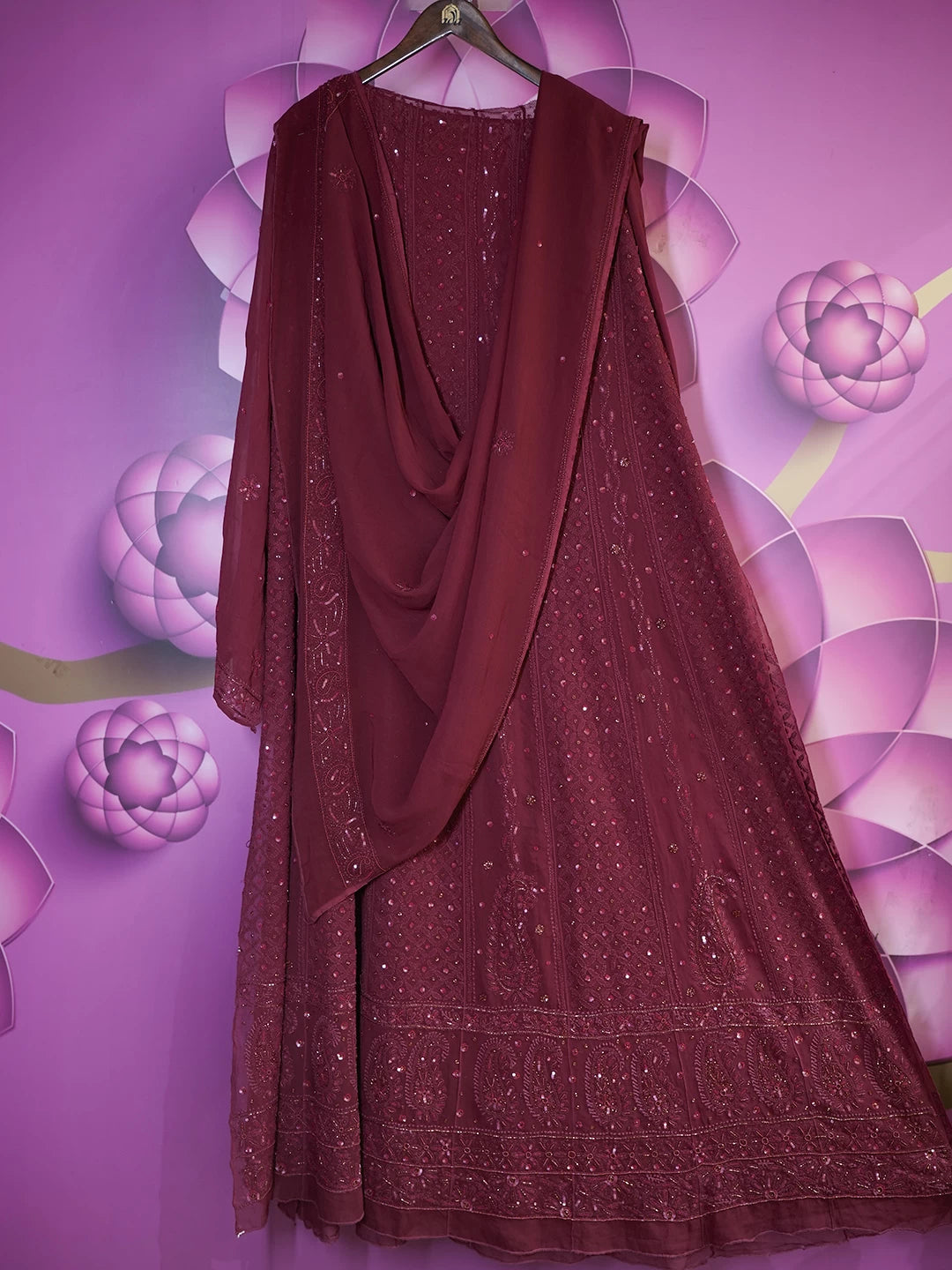 Ada Hand Embroidered Maroon Viscose Georgette Lucknowi Chikankari Semi-Stitched Anarkali Kurta Dupatta Set With Pearl Work 01A456050