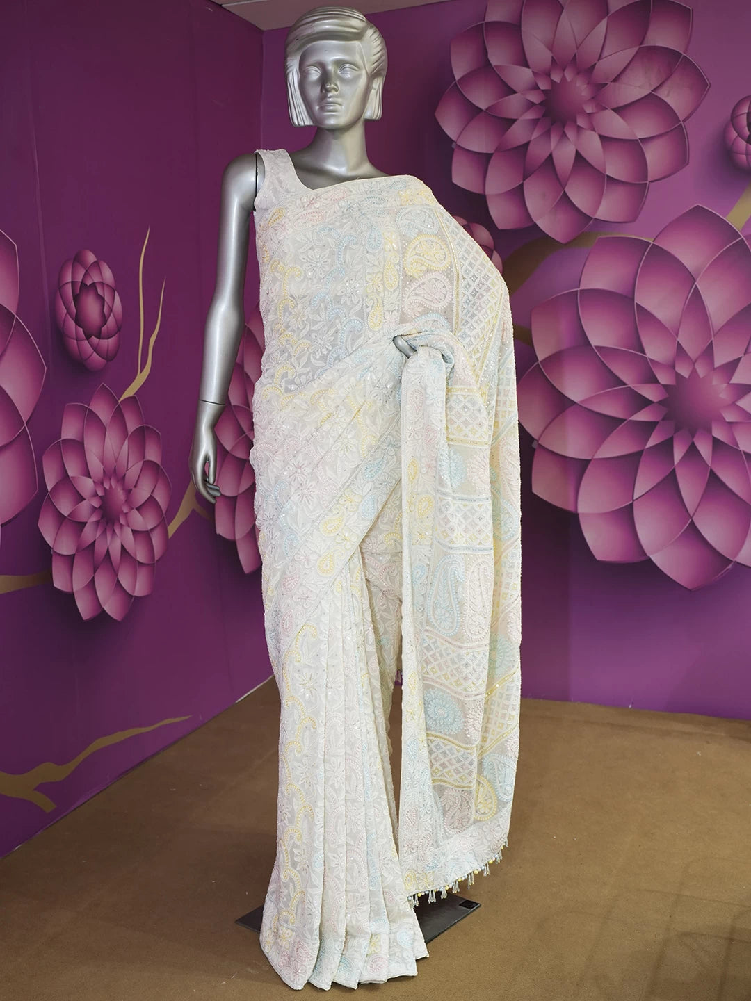 Ada Hand Embroidered White Pure Georgette Lucknowi Chikankari Saree/Blouse With Cutdana Work 01A440465