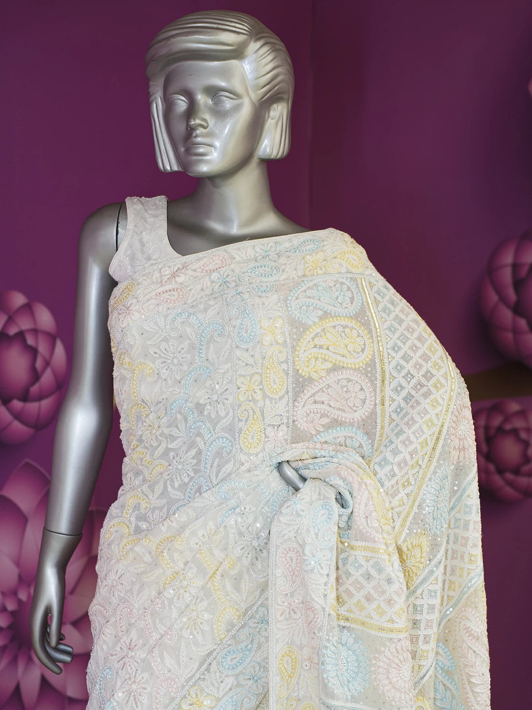 Ada Hand Embroidered White Pure Georgette Lucknowi Chikankari Saree/Blouse With Cutdana Work 01A440465