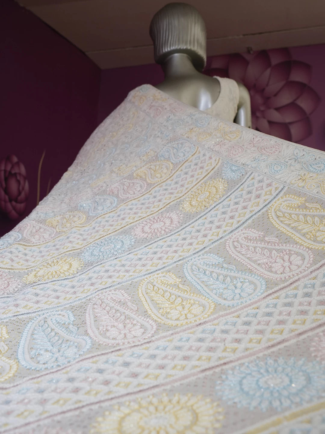 Ada Hand Embroidered White Pure Georgette Lucknowi Chikankari Saree/Blouse With Cutdana Work 01A440465