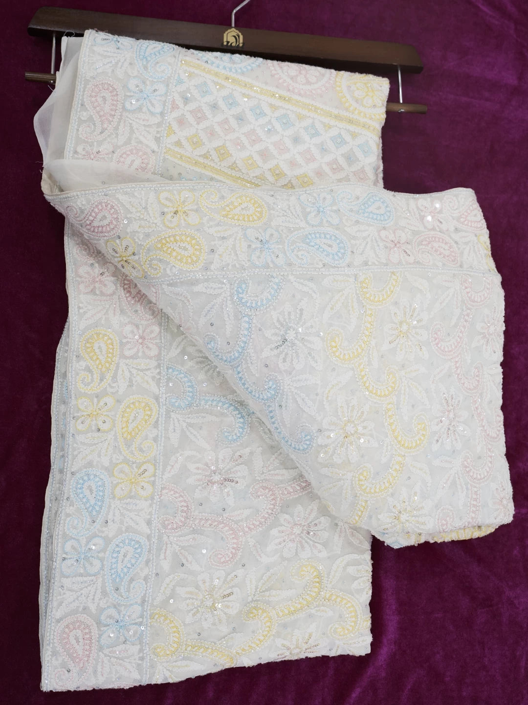 Ada Hand Embroidered White Pure Georgette Lucknowi Chikankari Saree/Blouse With Cutdana Work 01A440465