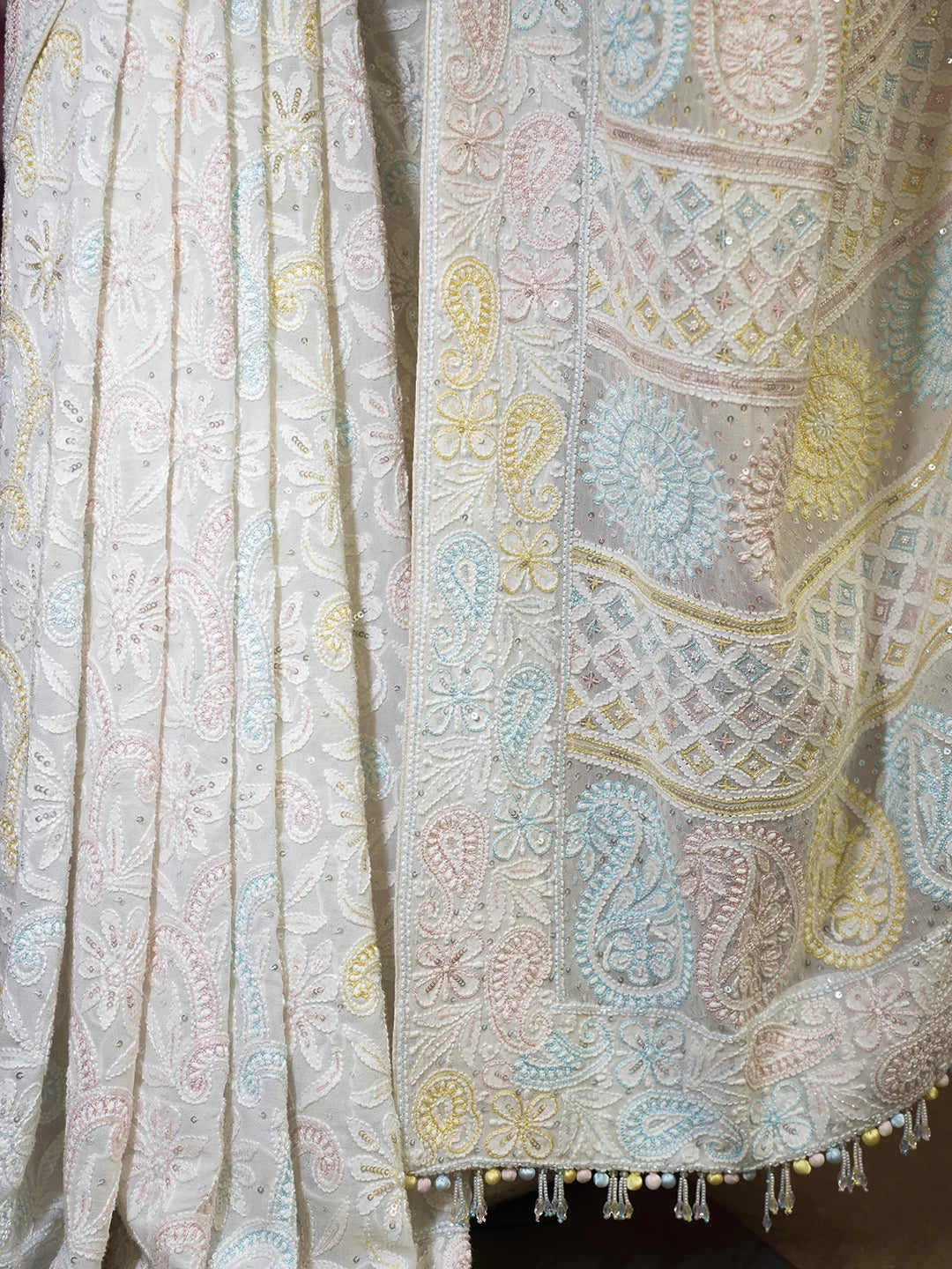 Ada Hand Embroidered White Pure Georgette Lucknowi Chikankari Saree/Blouse With Cutdana Work 01A440465