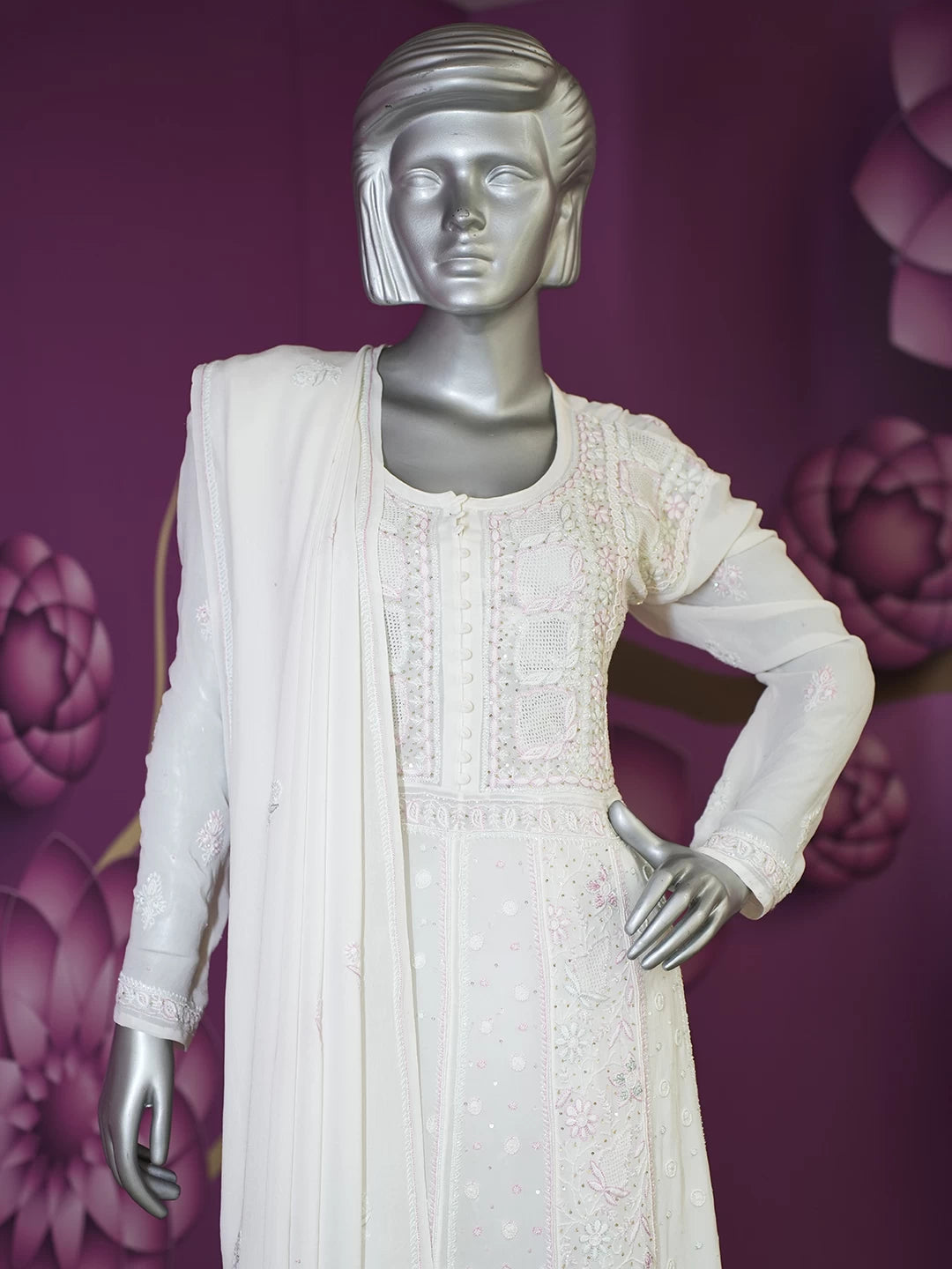 Ada Hand Embroidered White Pure Georgette Lucknowi Chikankari Semi-Stitched Anarkali Kurta Dupatta Set With Pearl Work 01A376942