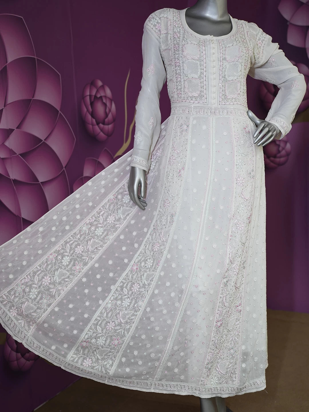 Ada Hand Embroidered White Pure Georgette Lucknowi Chikankari Semi-Stitched Anarkali Kurta Dupatta Set With Pearl Work 01A376942