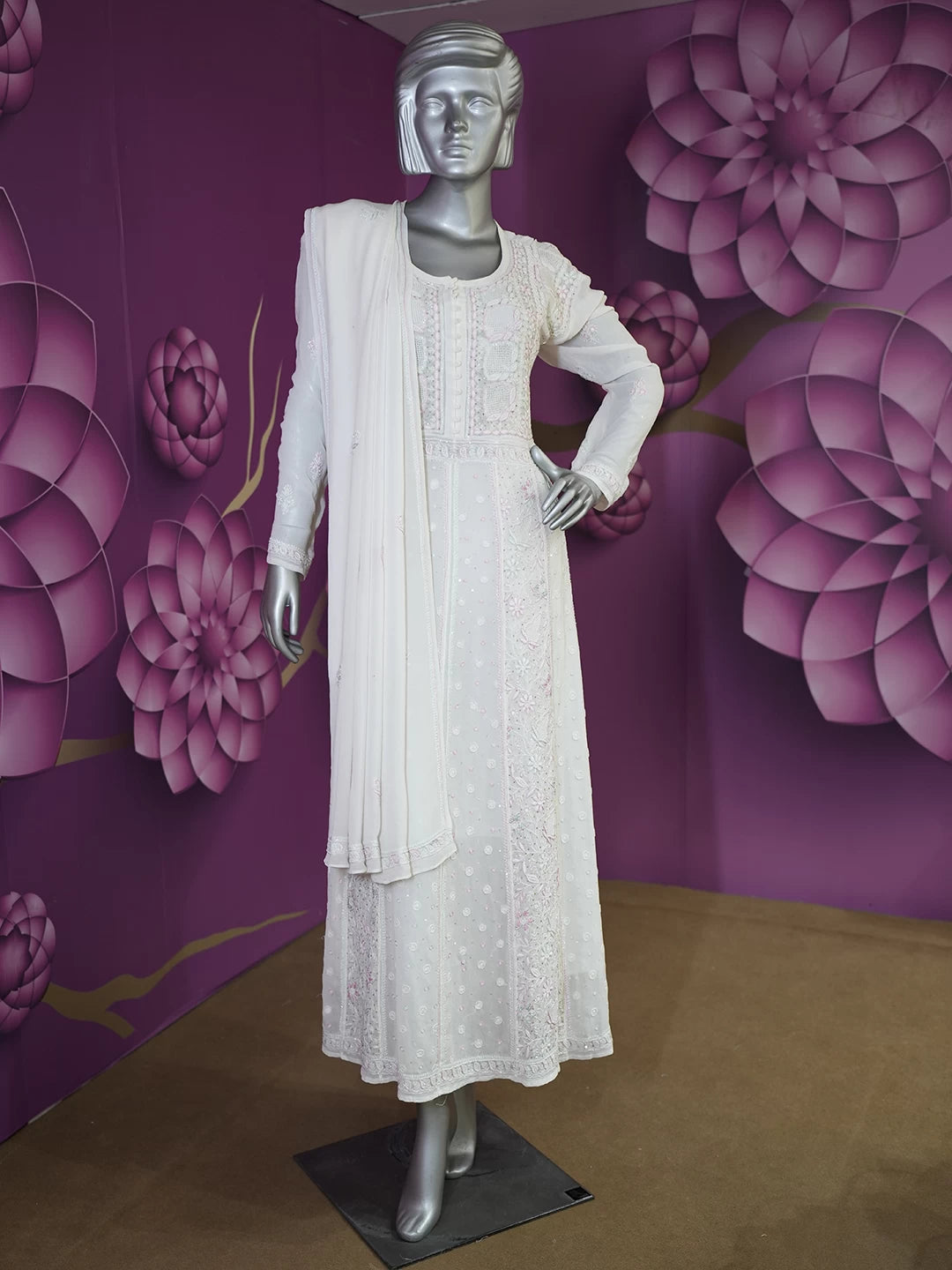 Ada Hand Embroidered White Pure Georgette Lucknowi Chikankari Semi-Stitched Anarkali Kurta Dupatta Set With Pearl Work 01A376942