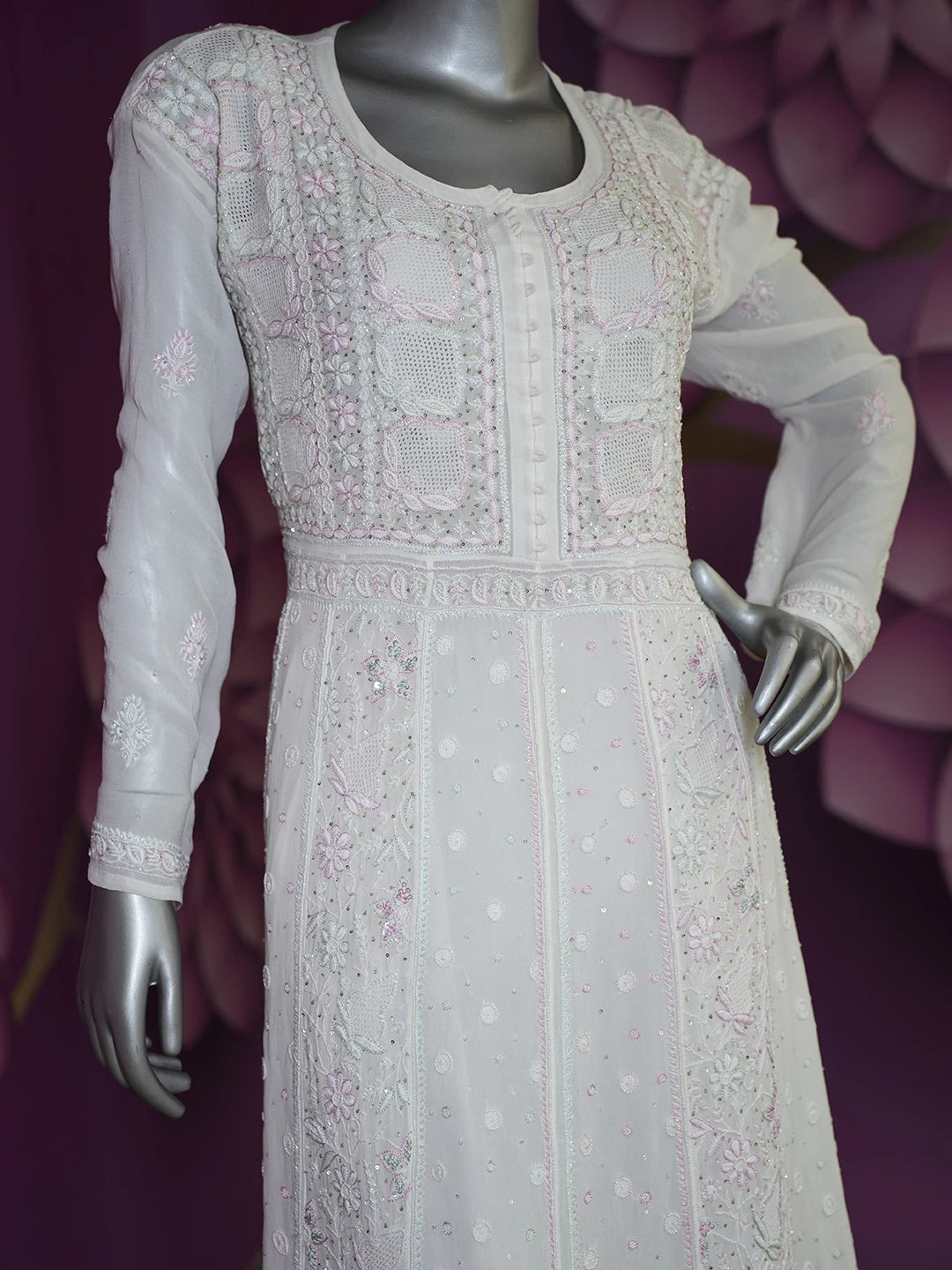 Ada Hand Embroidered White Pure Georgette Lucknowi Chikankari Semi-Stitched Anarkali Kurta Dupatta Set With Pearl Work 01A376942