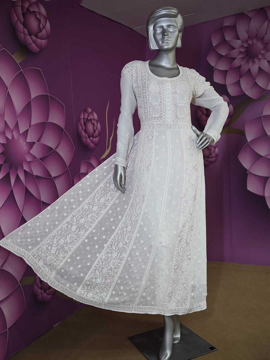 Ada Hand Embroidered White Pure Georgette Lucknowi Chikankari Semi-Stitched Anarkali Kurta Dupatta Set With Pearl Work 01A376942