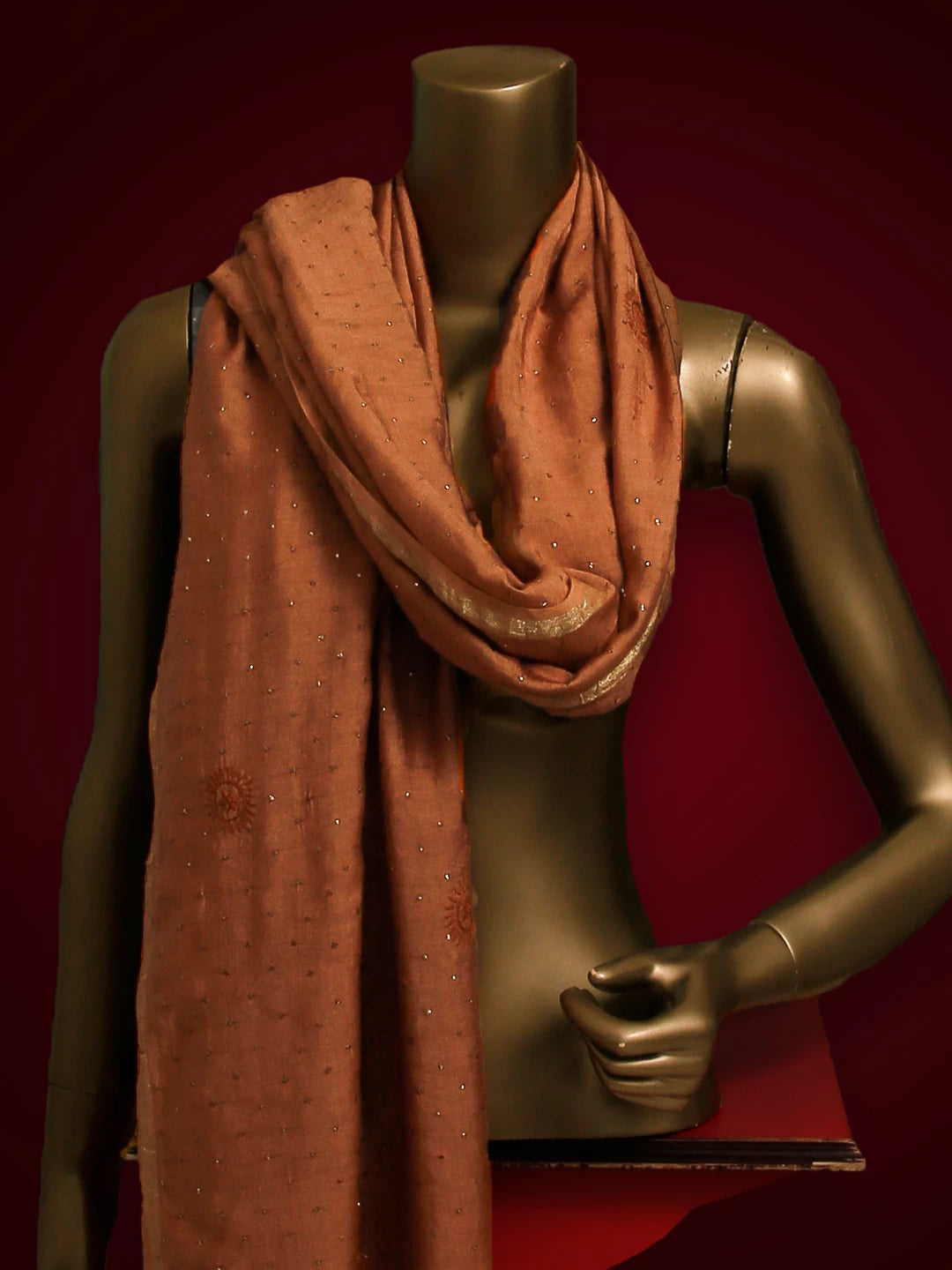 Ada Hand Embroidered Cinnamon Brown Chanderi Dupatta With Muqaish Work A597689