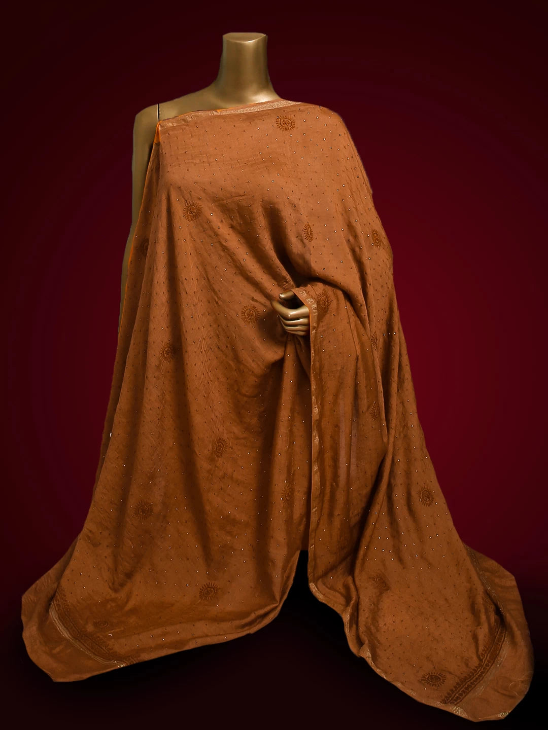Ada Hand Embroidered Cinnamon Brown Chanderi Dupatta With Muqaish Work A597689