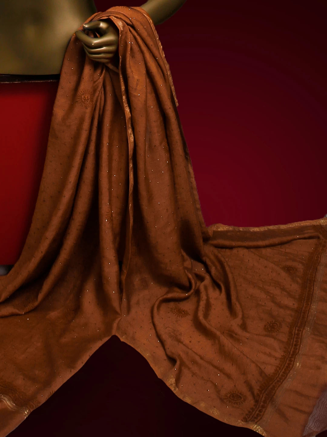 Ada Hand Embroidered Cinnamon Brown Chanderi Dupatta With Muqaish Work A597689