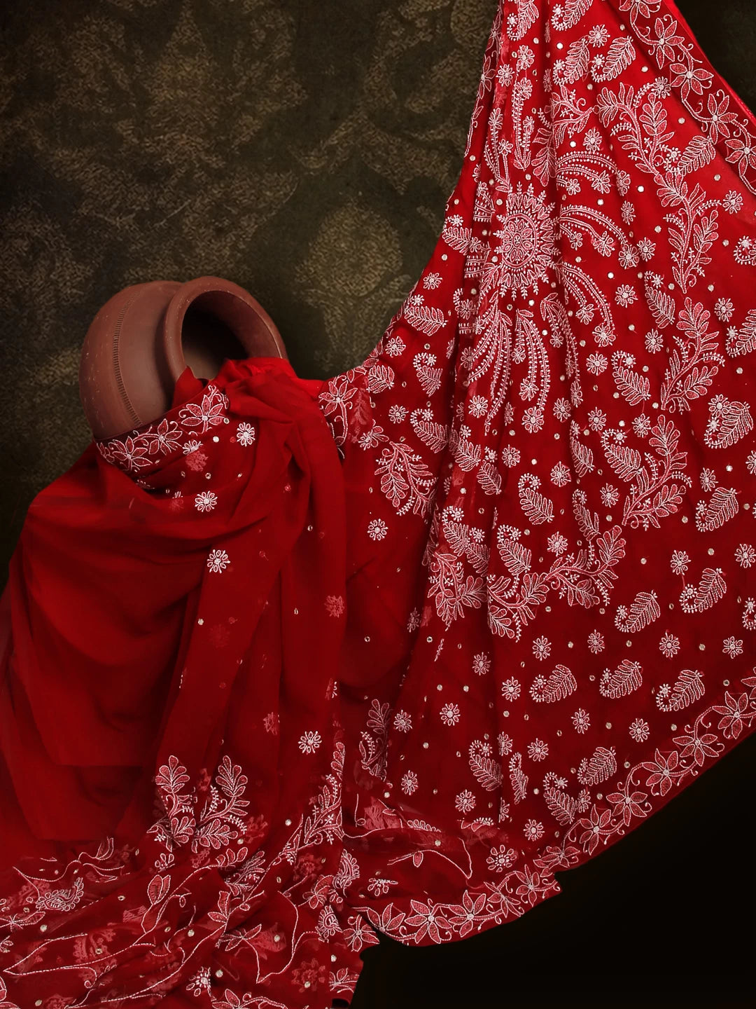 Ada Hand Embroidered Maroon Georgette Lucknowi Chikankari Saree/Blouse With Mirror Work A487529