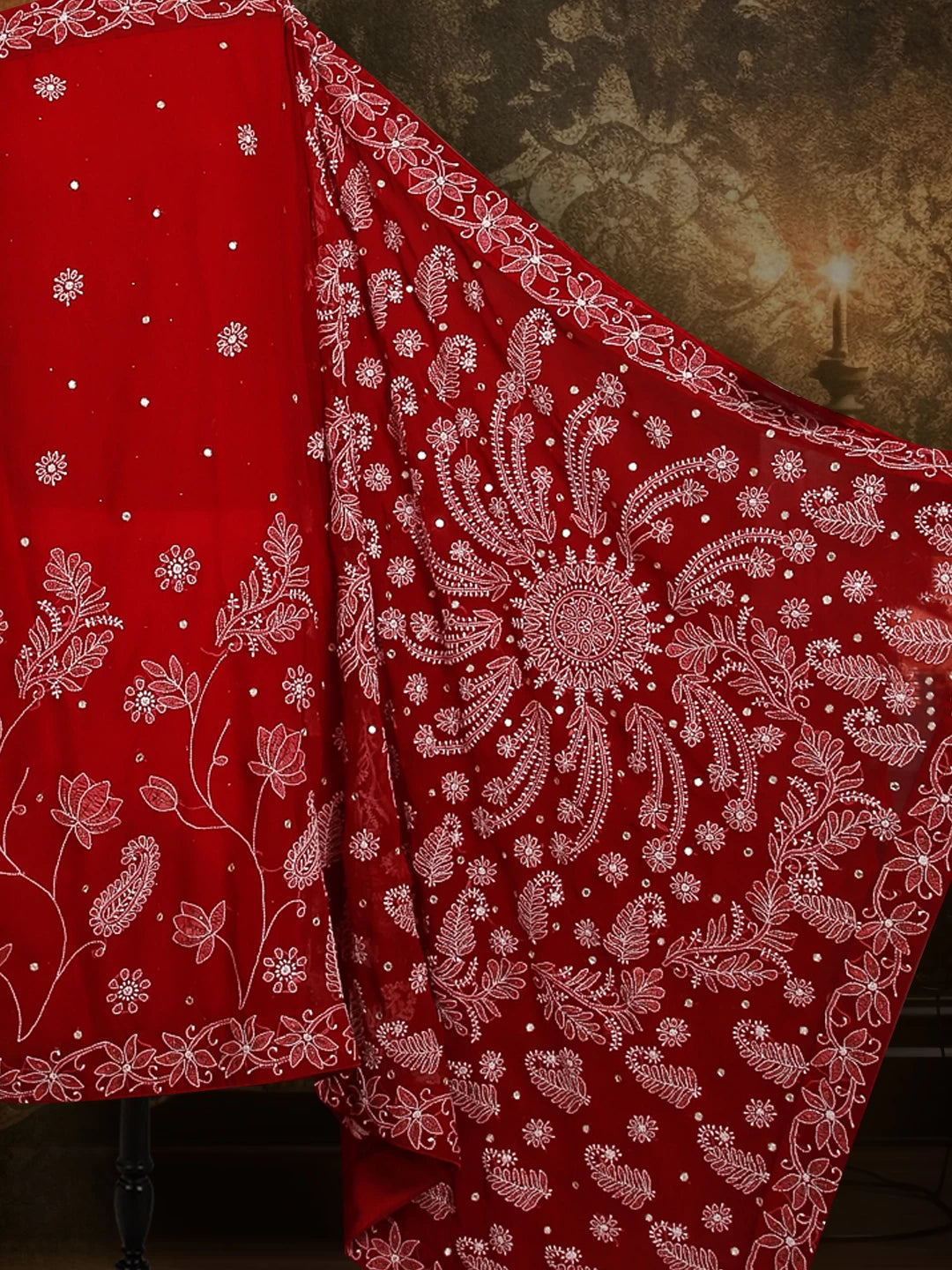 Ada Hand Embroidered Maroon Georgette Lucknowi Chikankari Saree/Blouse With Mirror Work A487529