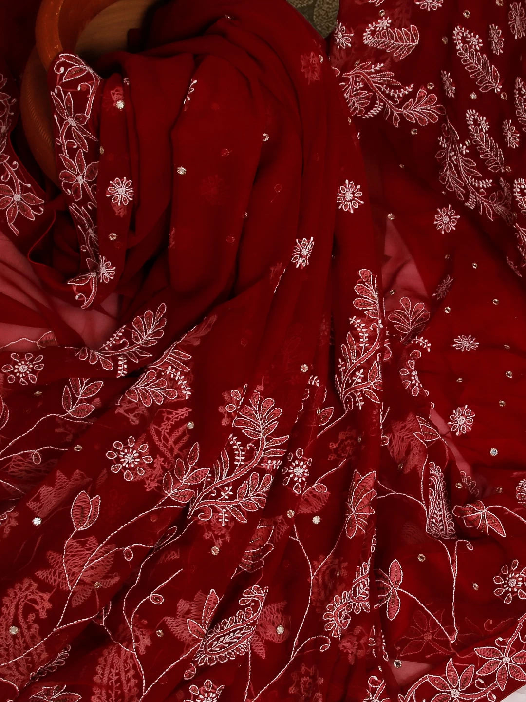 Ada Hand Embroidered Maroon Georgette Lucknowi Chikankari Saree/Blouse With Mirror Work A487529