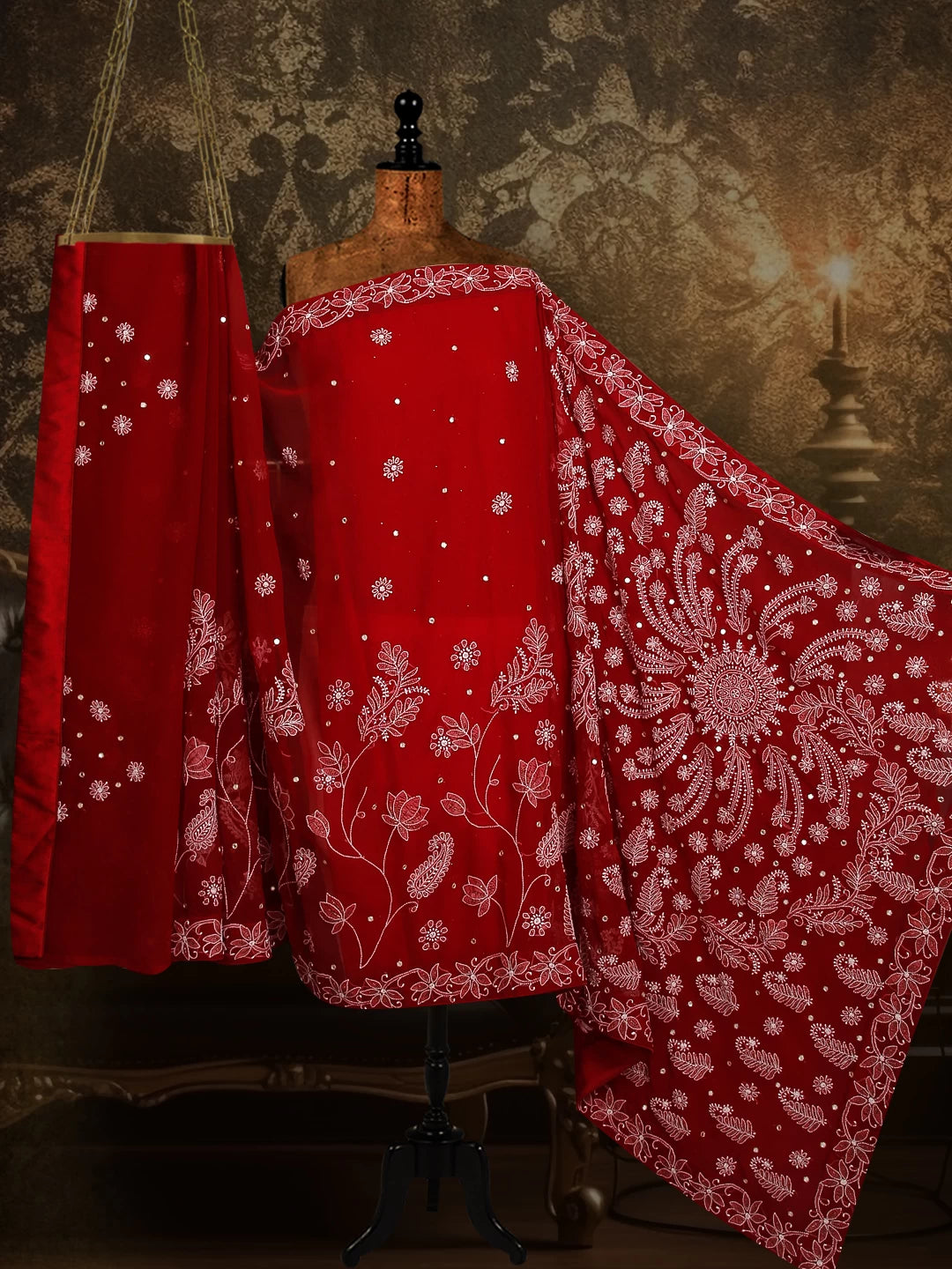 Ada Hand Embroidered Maroon Georgette Lucknowi Chikankari Saree/Blouse With Mirror Work A487529