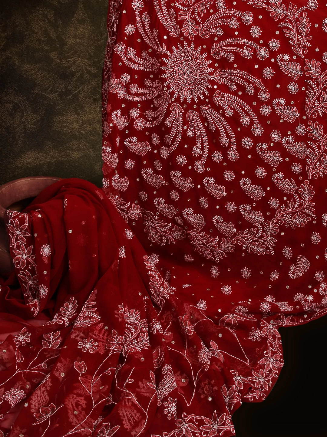 Ada Hand Embroidered Maroon Georgette Lucknowi Chikankari Saree/Blouse With Mirror Work A487529