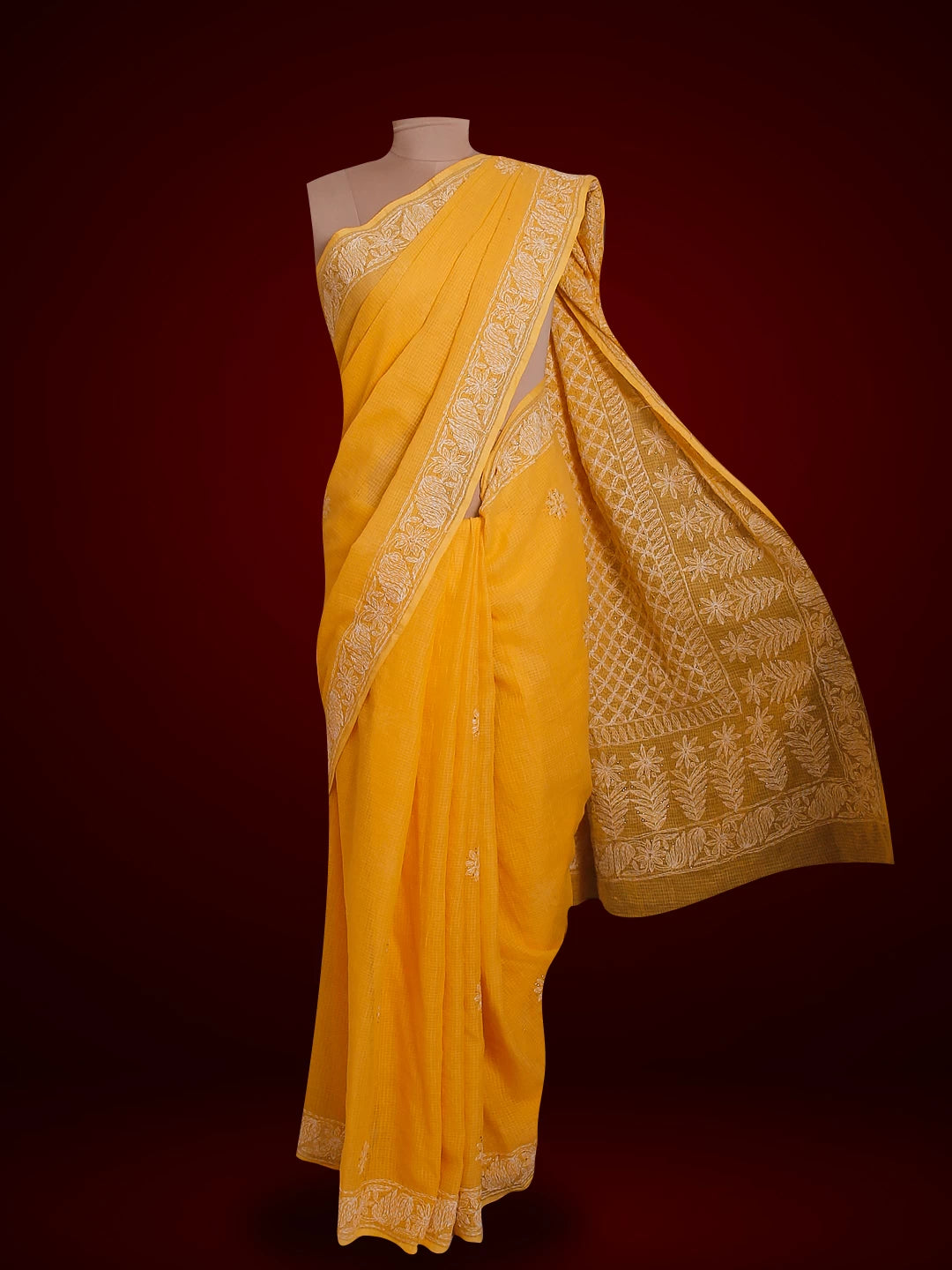 Ada Hand Embroidered Bright Yellow Kota  Lucknowi Chikankari Saree / Blouse With Muqaish Work 01A430999
