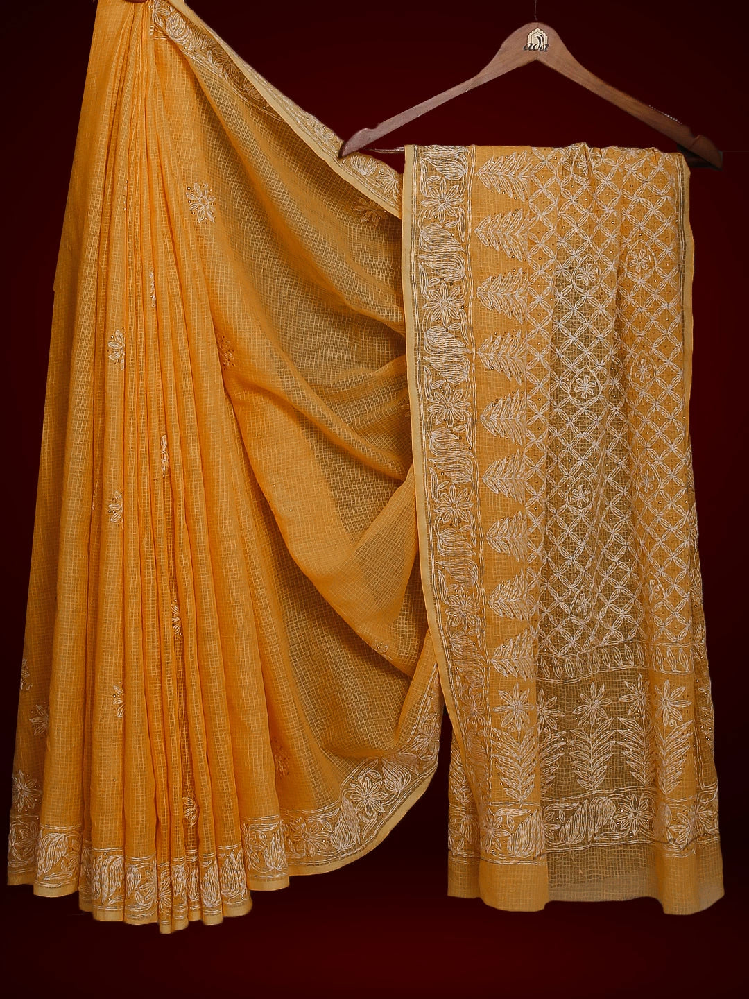 Ada Hand Embroidered Bright Yellow Kota  Lucknowi Chikankari Saree / Blouse With Muqaish Work 01A430999