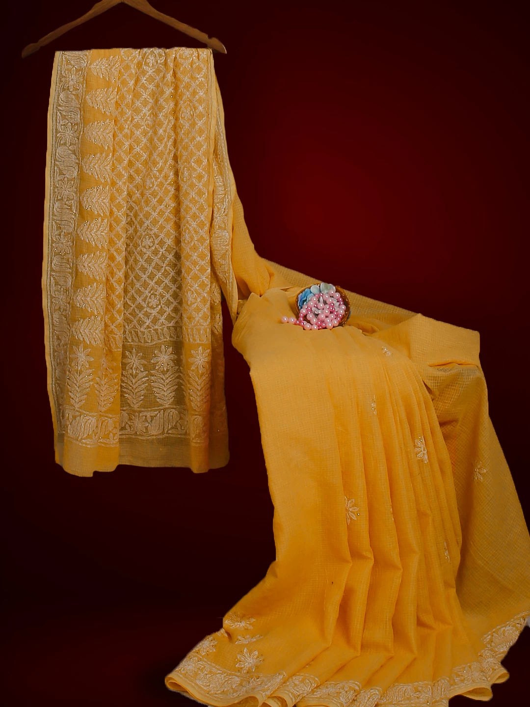 Ada Hand Embroidered Bright Yellow Kota  Lucknowi Chikankari Saree / Blouse With Muqaish Work 01A430999