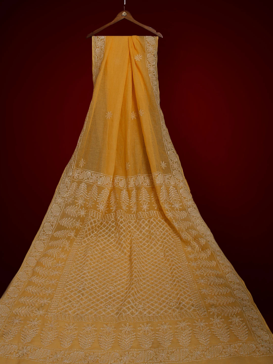 Ada Hand Embroidered Bright Yellow Kota  Lucknowi Chikankari Saree / Blouse With Muqaish Work 01A430999