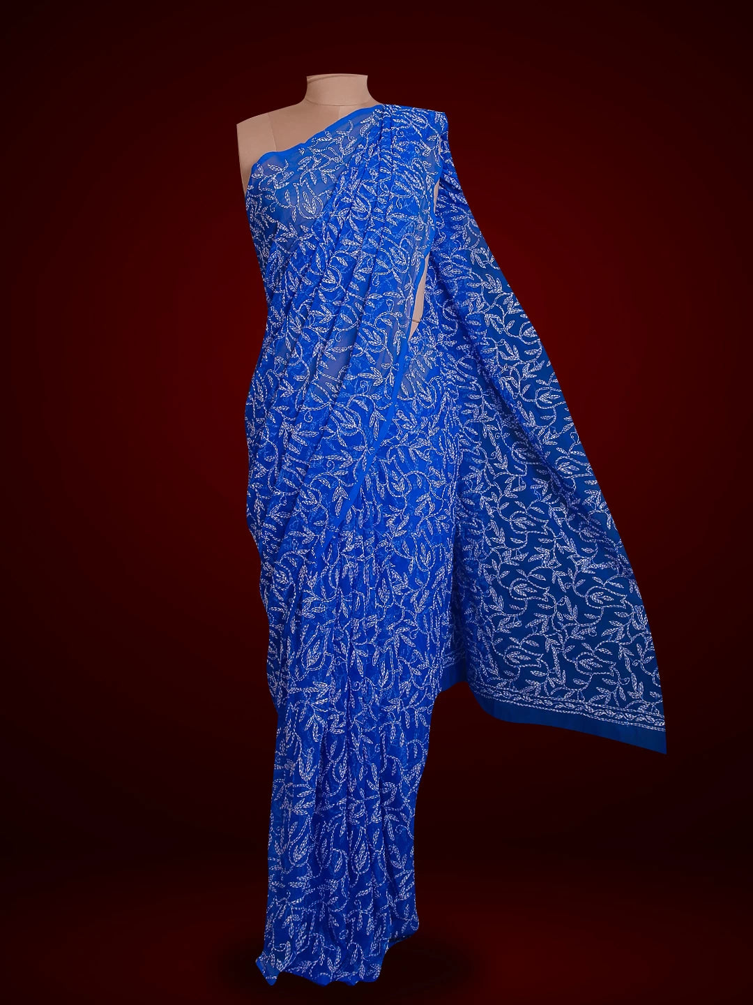 Ada Hand Embroidered Royal Blue Georgette Lucknowi Chikankari Saree With Blouse 01A523752