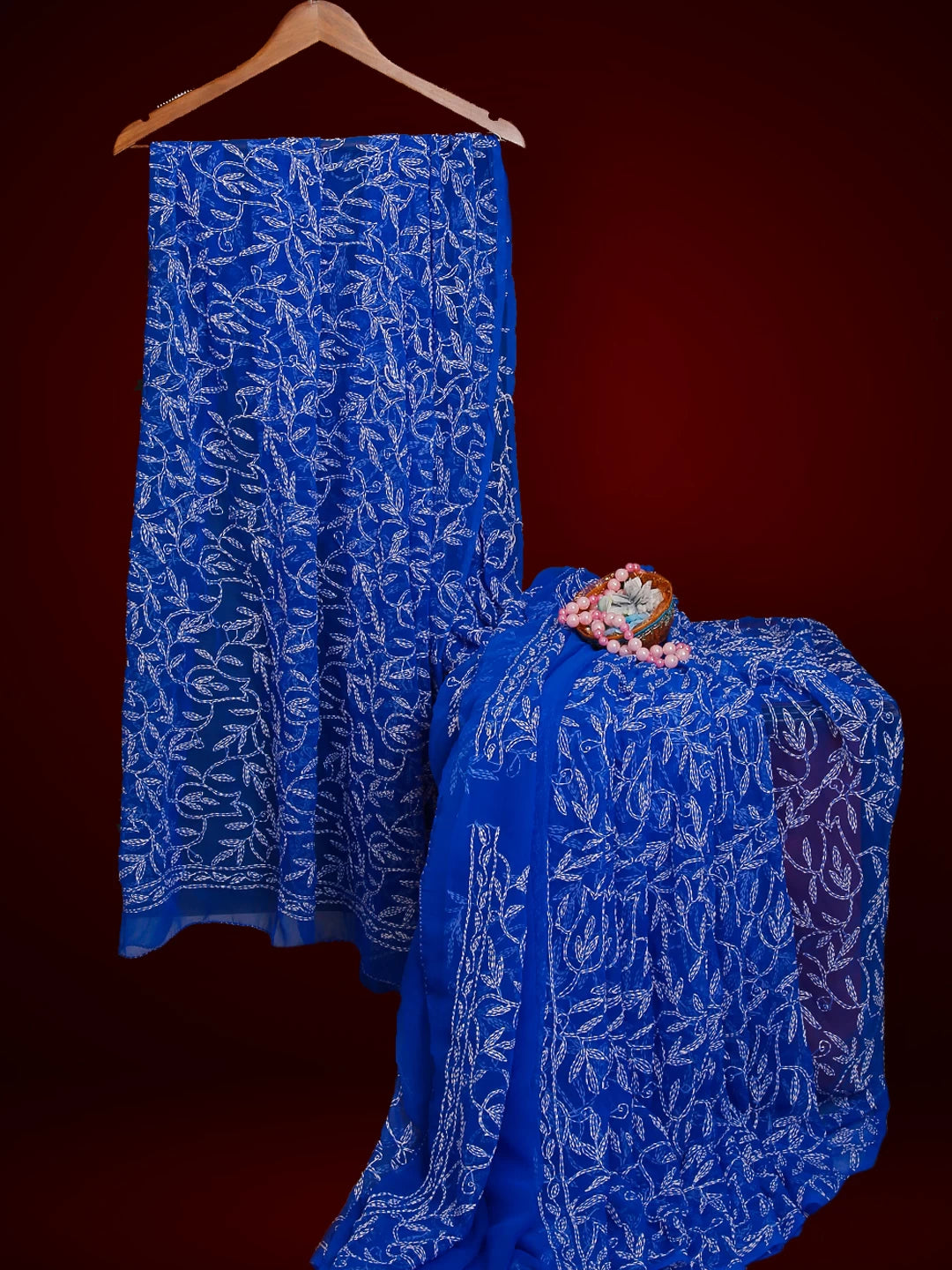 Ada Hand Embroidered Royal Blue Georgette Lucknowi Chikankari Saree With Blouse 01A523752