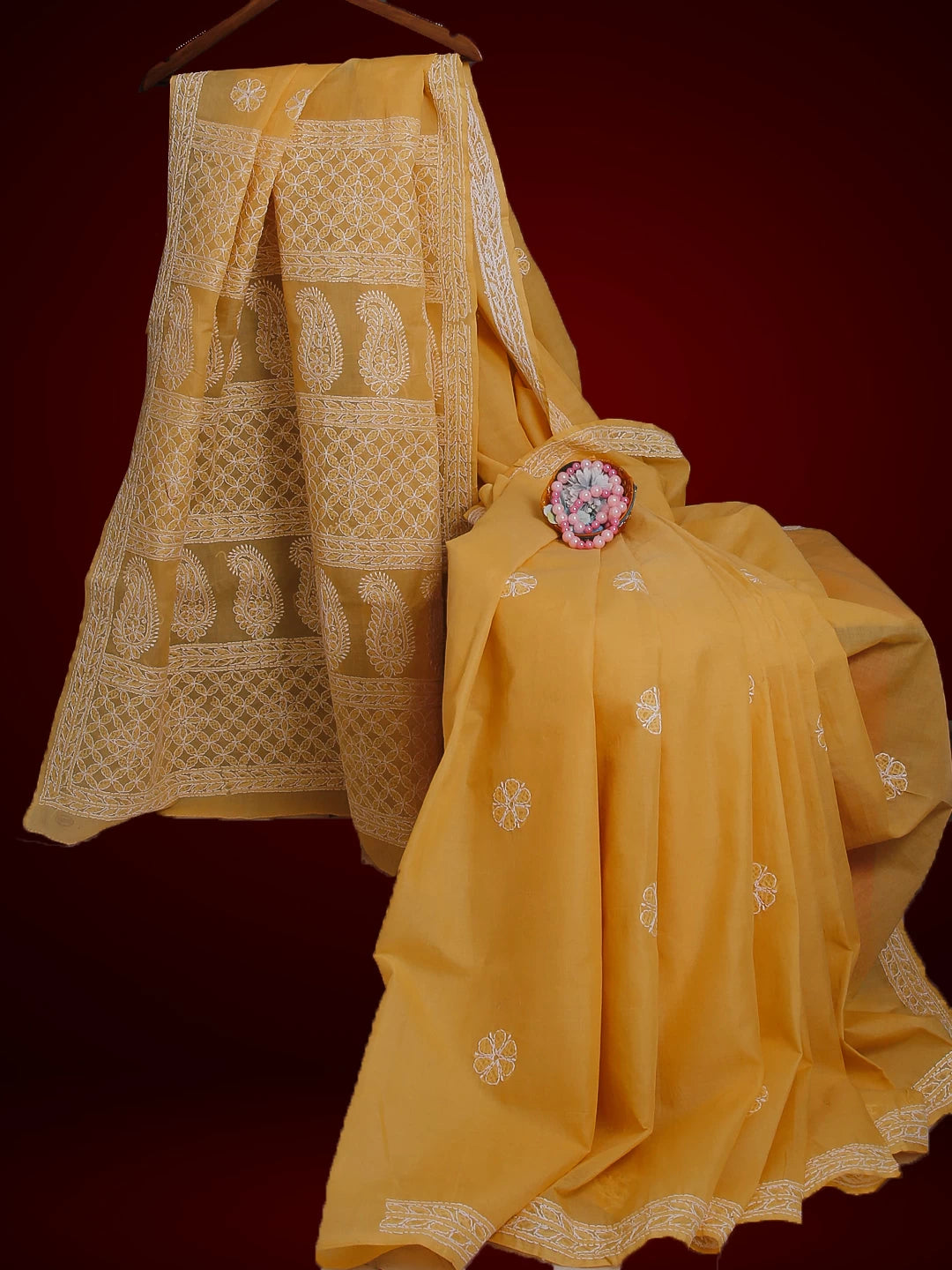 Ada Hand Embroidered Fawn Cotton Lucknowi Chikankari Saree With Blouse 01A525268