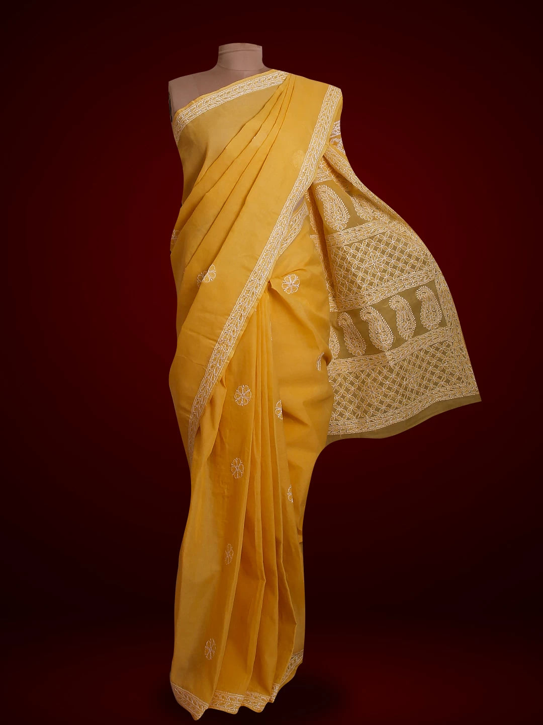 Ada Hand Embroidered Fawn Cotton Lucknowi Chikankari Saree With Blouse 01A525268