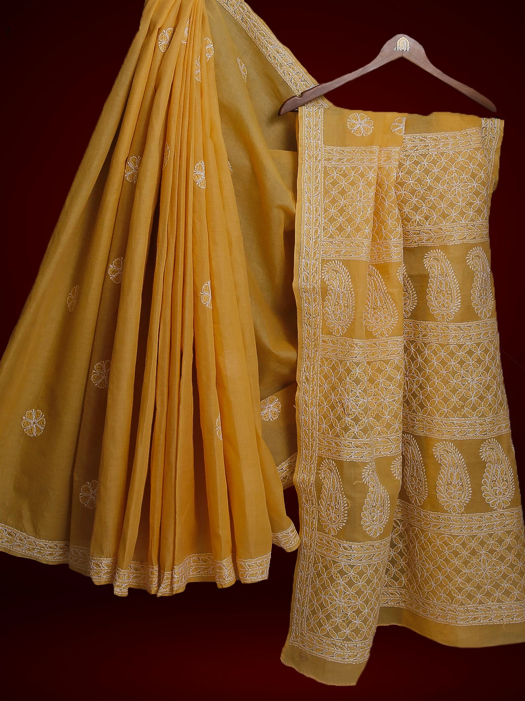 Ada Hand Embroidered Fawn Cotton Lucknowi Chikankari Saree With Blouse 01A525268