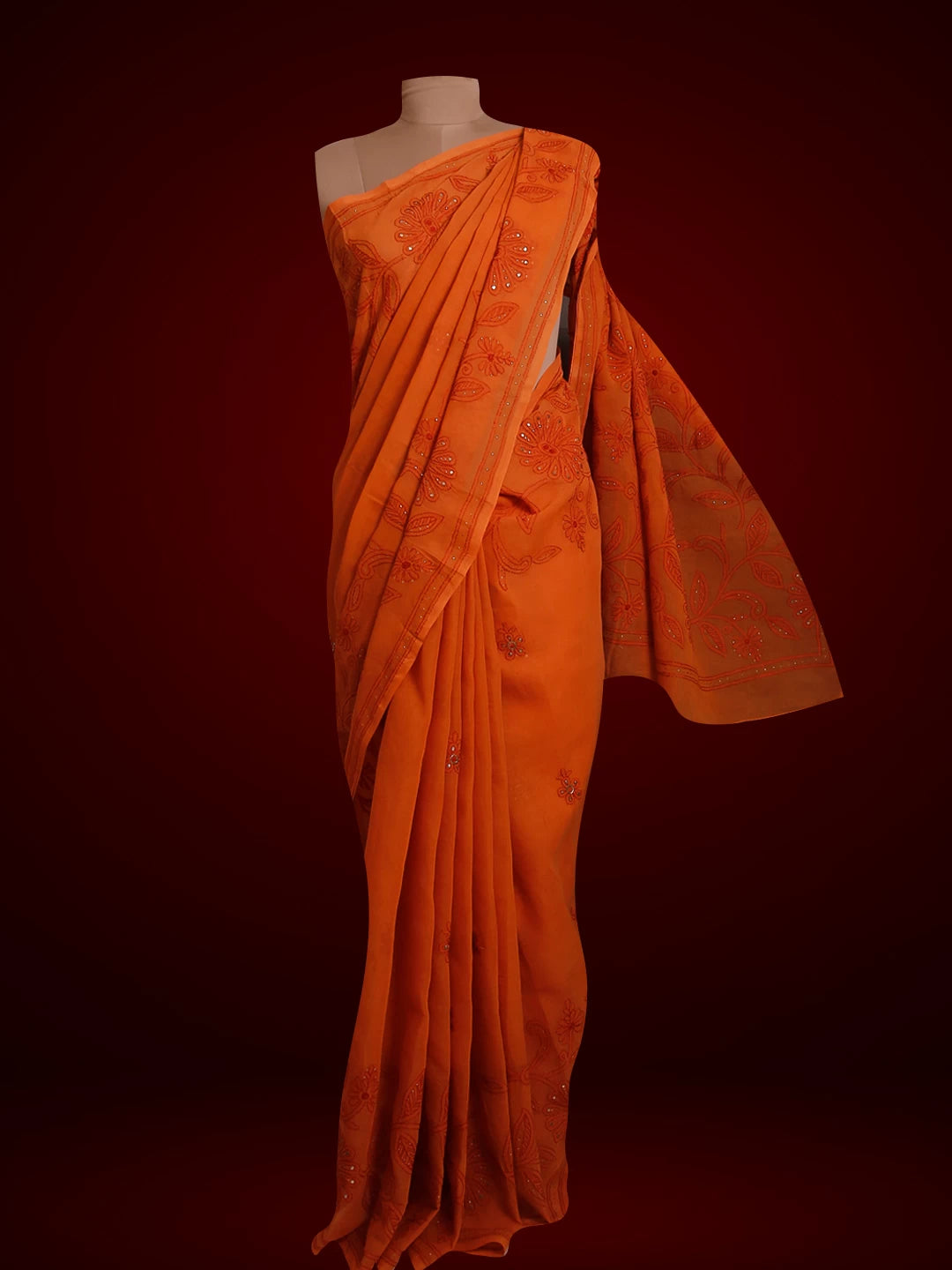 Ada Hand Embroidered Rust Cotton Lucknowi Chikankari Saree / Blouse With Muqaish Work 01A406358