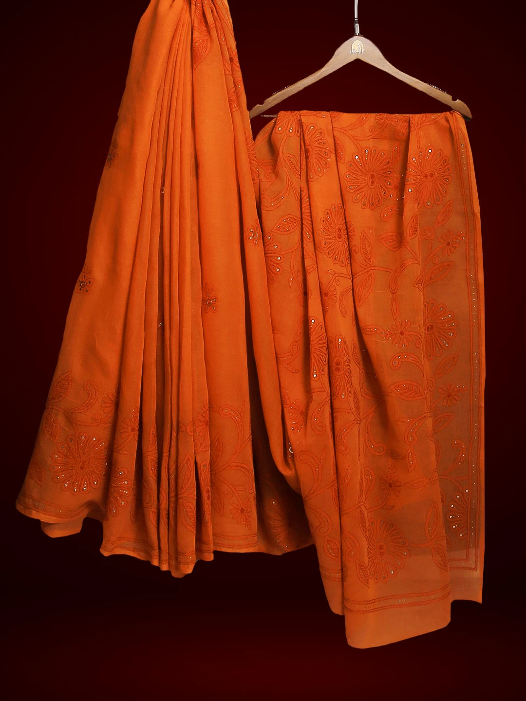 Ada Hand Embroidered Rust Cotton Lucknowi Chikankari Saree / Blouse With Muqaish Work 01A406358