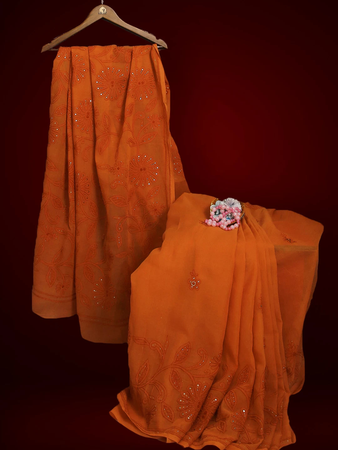 Ada Hand Embroidered Rust Cotton Lucknowi Chikankari Saree / Blouse With Muqaish Work 01A406358