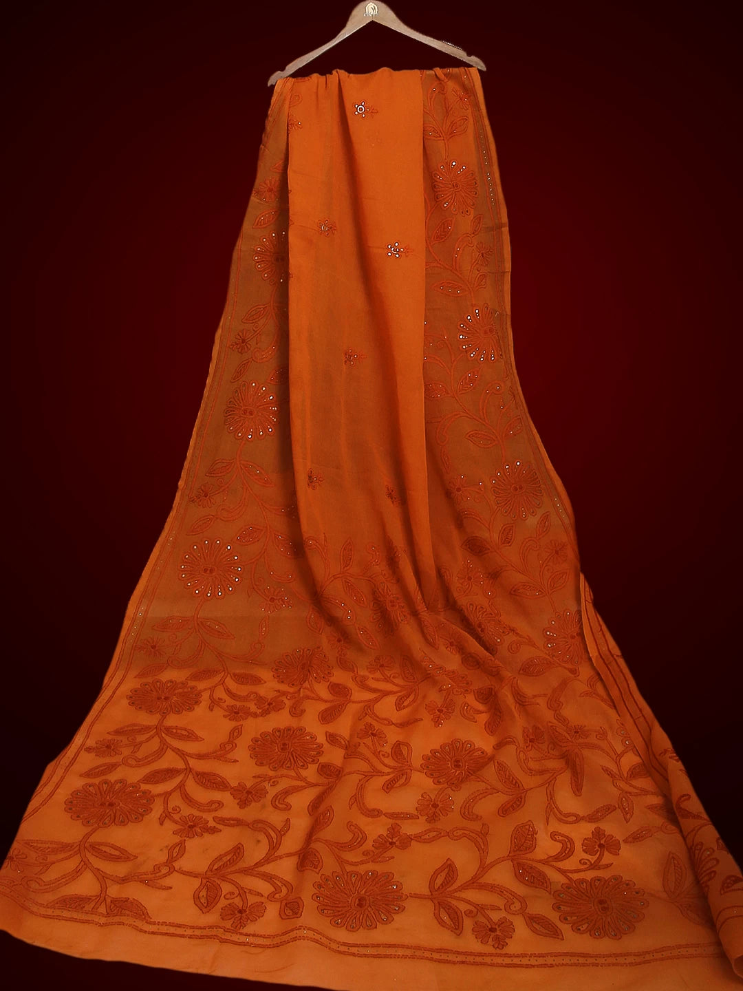 Ada Hand Embroidered Rust Cotton Lucknowi Chikankari Saree / Blouse With Muqaish Work 01A406358