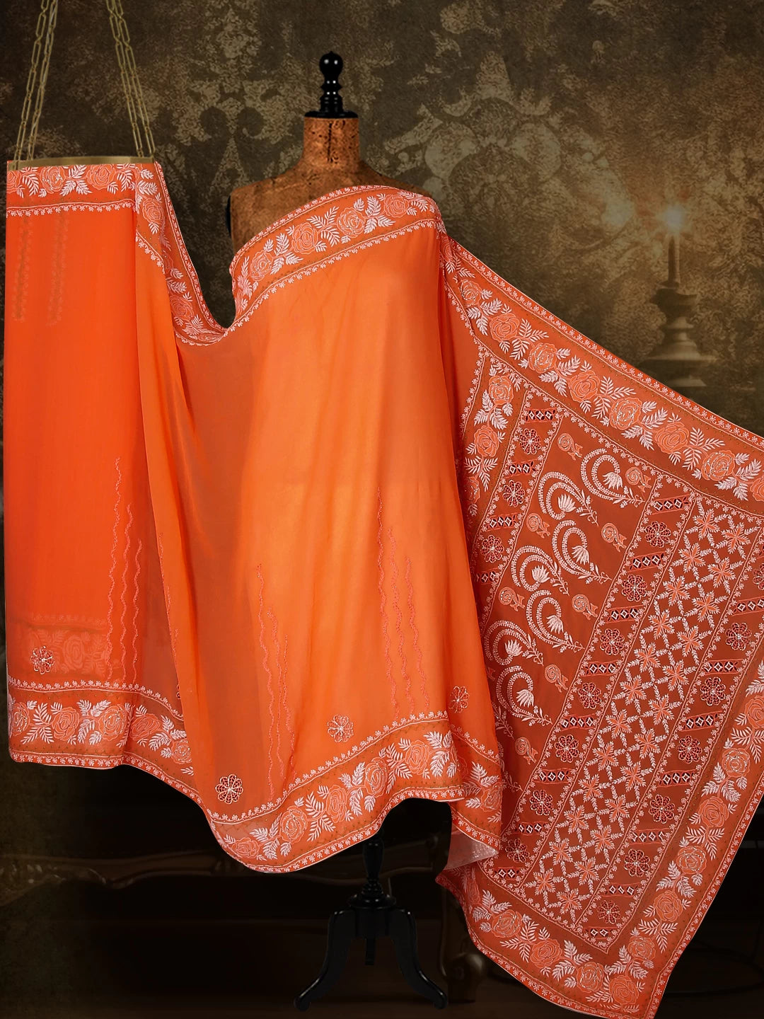 Ada Hand Embroidered Neon Orange Chiffon Lucknowi Chikankari Saree/Blouse With Pearl Work 01A357353