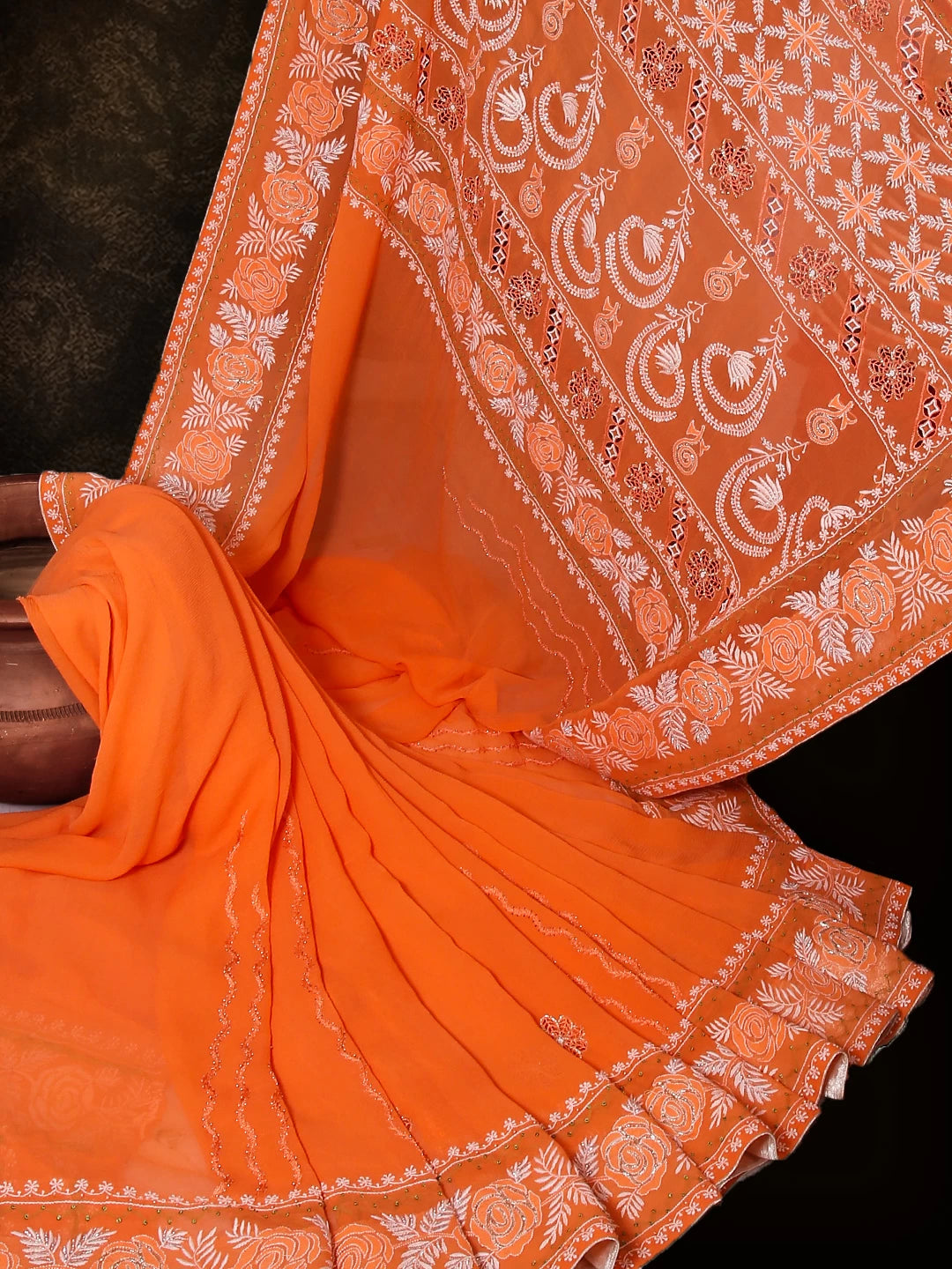 Ada Hand Embroidered Neon Orange Chiffon Lucknowi Chikankari Saree/Blouse With Pearl Work 01A357353