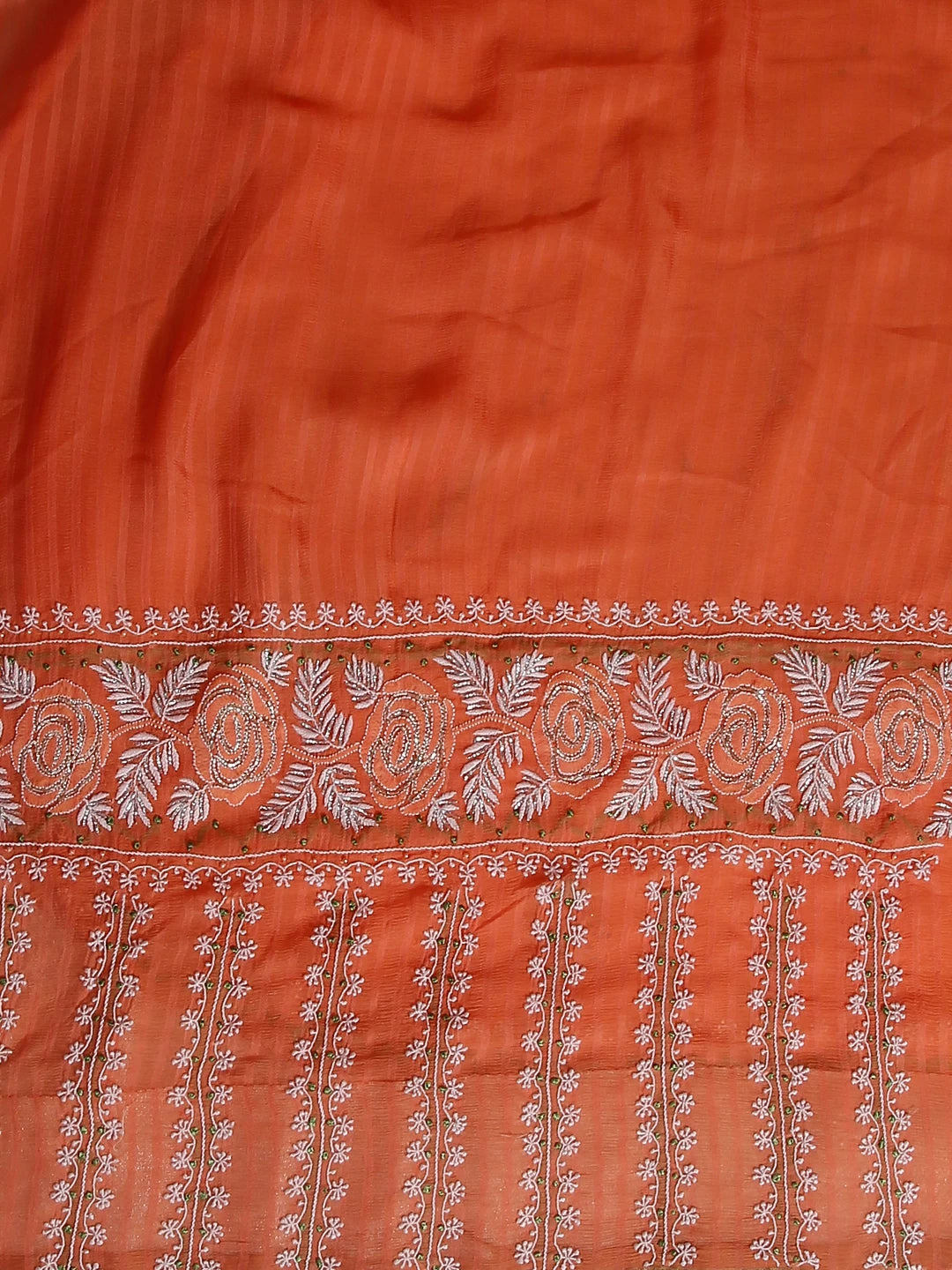 Ada Hand Embroidered Neon Orange Chiffon Lucknowi Chikankari Saree/Blouse With Pearl Work 01A357353