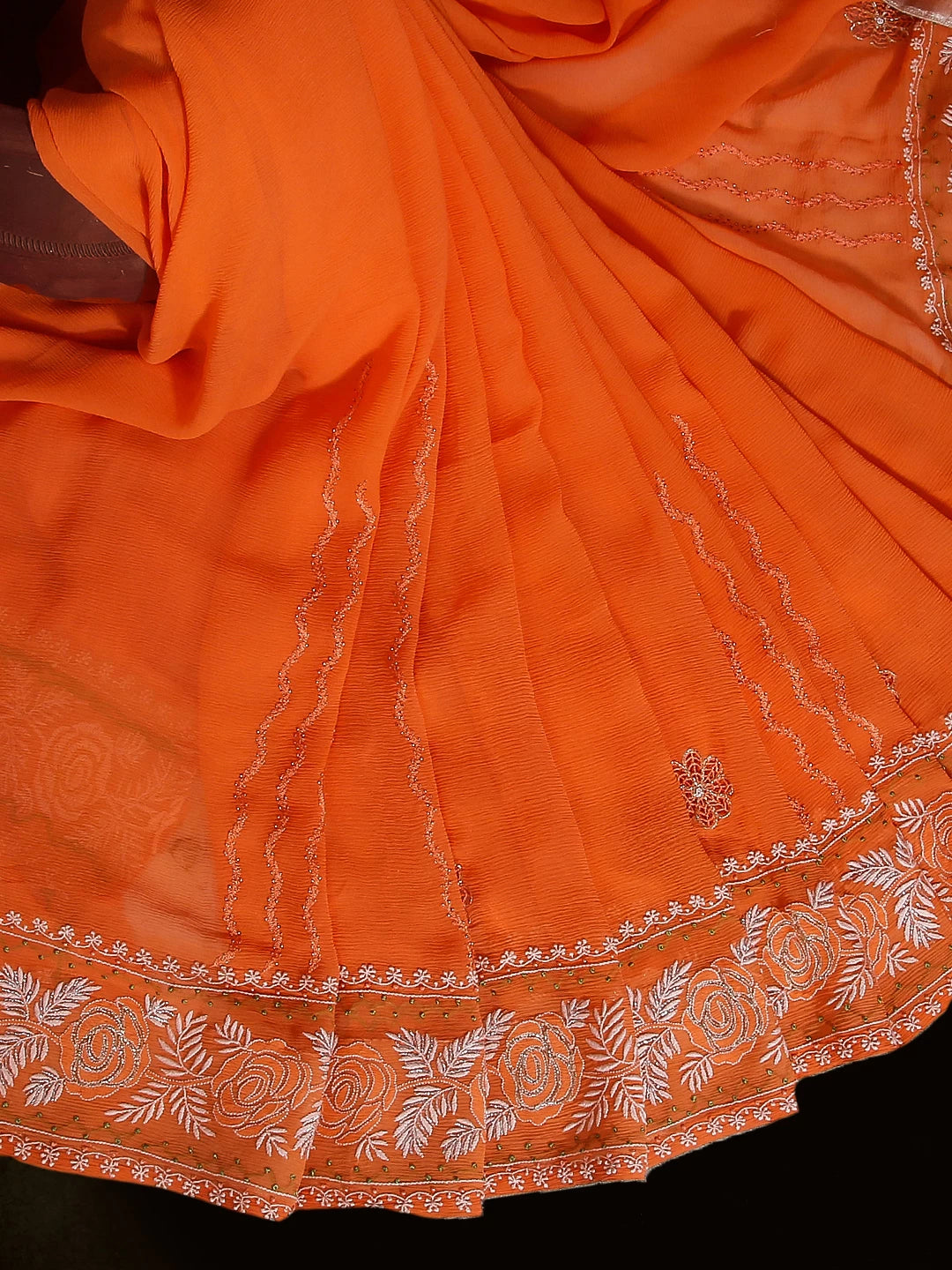 Ada Hand Embroidered Neon Orange Chiffon Lucknowi Chikankari Saree/Blouse With Pearl Work 01A357353