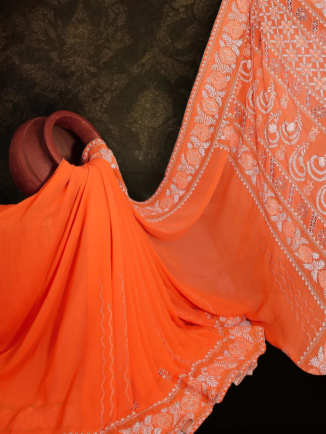 Ada Hand Embroidered Neon Orange Chiffon Lucknowi Chikankari Saree/Blouse With Pearl Work 01A357353