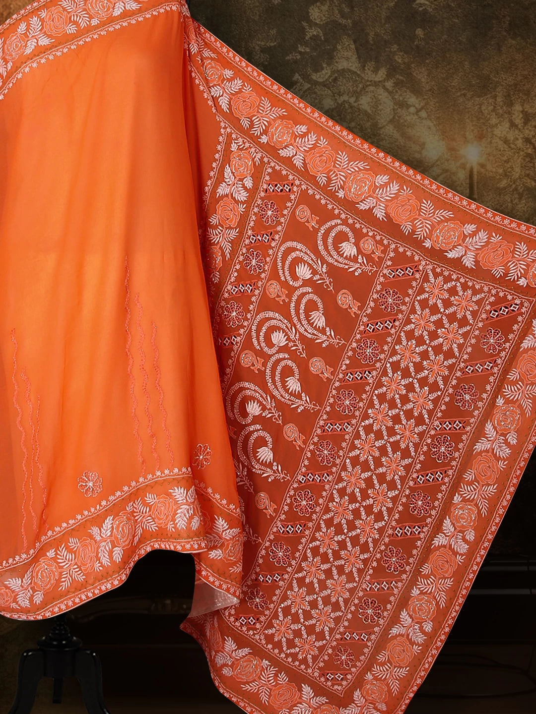 Ada Hand Embroidered Neon Orange Chiffon Lucknowi Chikankari Saree/Blouse With Pearl Work 01A357353