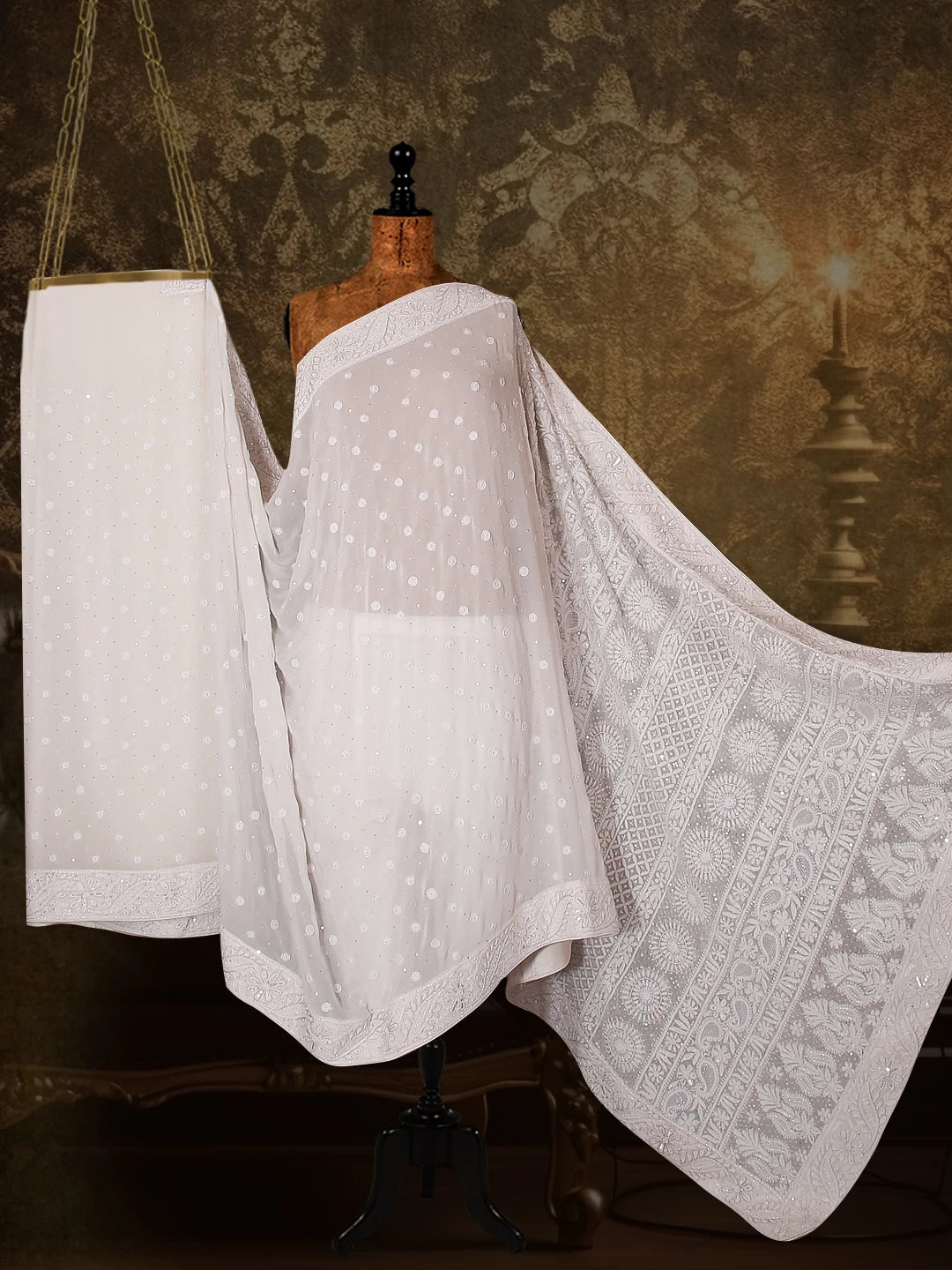 Ada Hand Embroidered Dove White Pure Georgette Lucknowi Chikankari Saree/Blouse With Pearl Work 01A373906