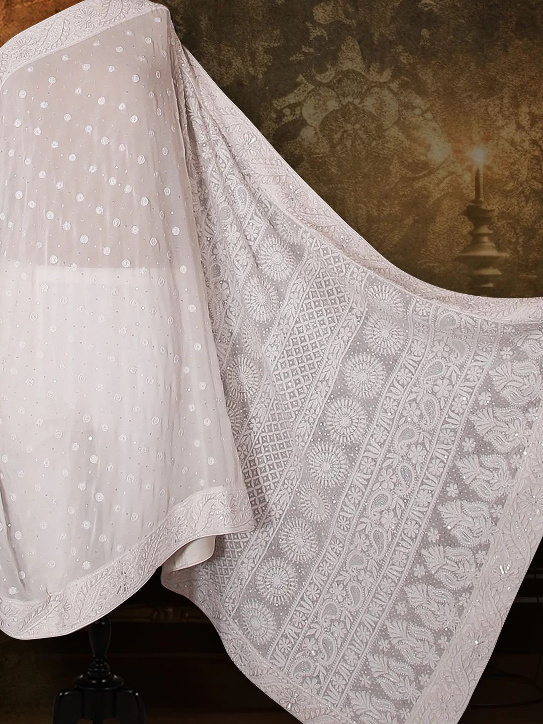 Ada Hand Embroidered Dove White Pure Georgette Lucknowi Chikankari Saree/Blouse With Pearl Work 01A373906