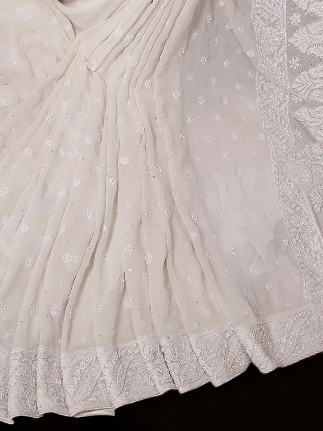 Ada Hand Embroidered Dove White Pure Georgette Lucknowi Chikankari Saree/Blouse With Pearl Work 01A373906