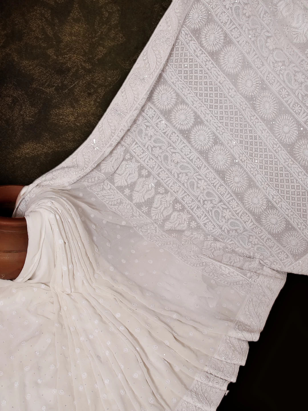 Ada Hand Embroidered Dove White Pure Georgette Lucknowi Chikankari Saree/Blouse With Pearl Work 01A373906