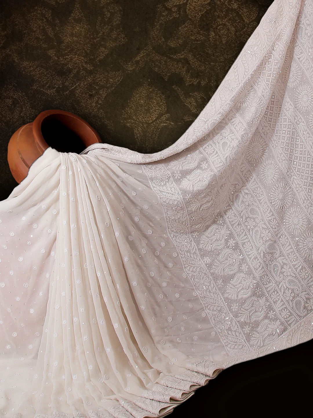 Ada Hand Embroidered Dove White Pure Georgette Lucknowi Chikankari Saree/Blouse With Pearl Work 01A373906