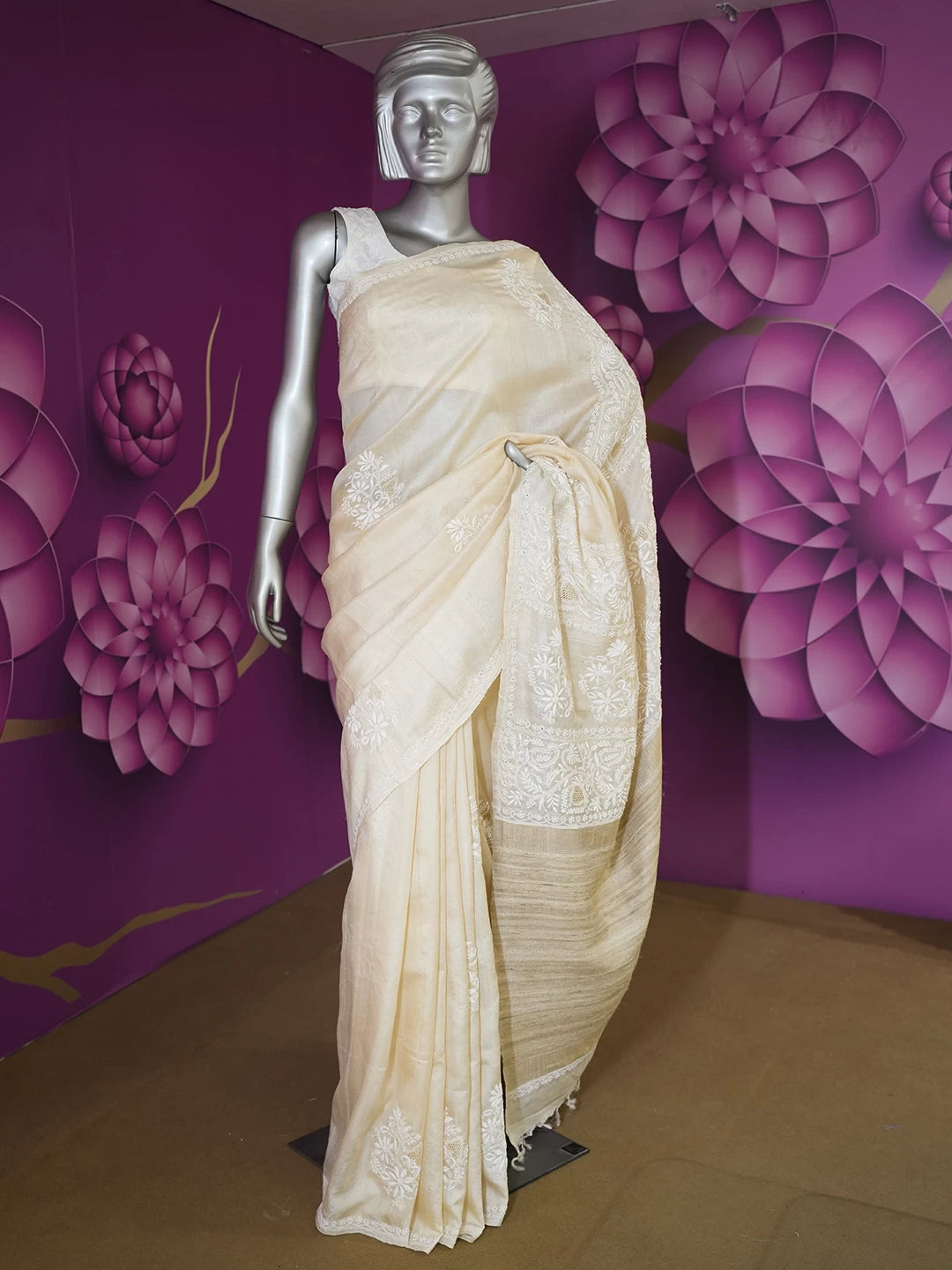 Ada Hand Embroidered Fawn Silk Lucknowi Chikankari Saree With Blouse 01A521398