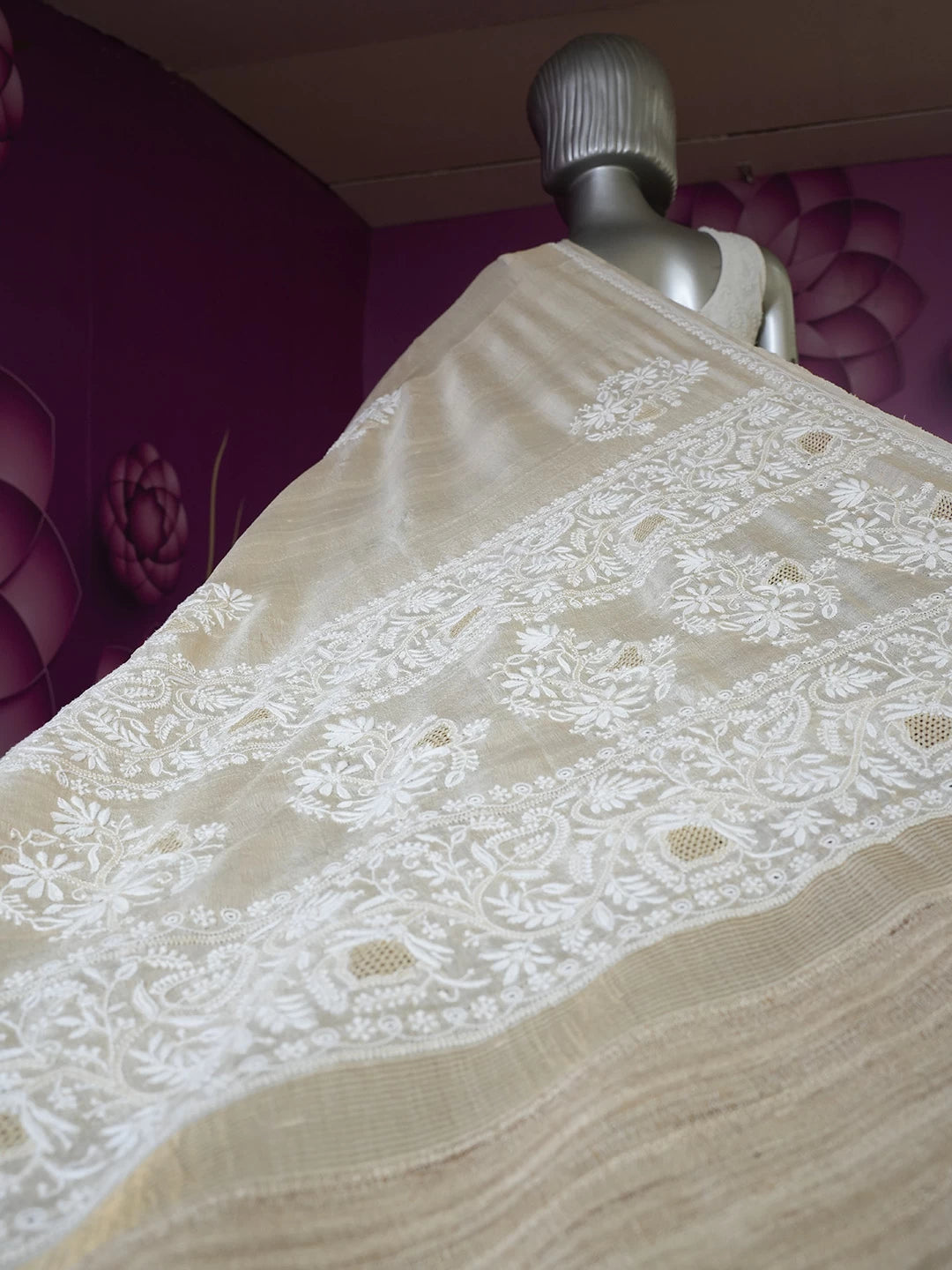 Ada Hand Embroidered Fawn Silk Lucknowi Chikankari Saree With Blouse 01A521398