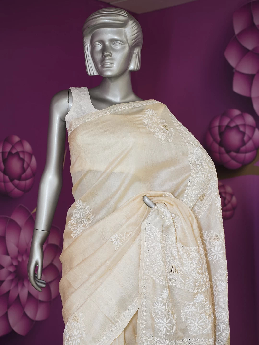 Ada Hand Embroidered Fawn Silk Lucknowi Chikankari Saree With Blouse 01A521398