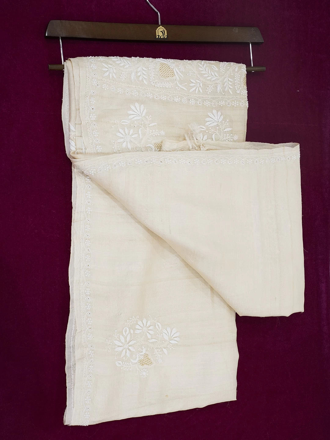Ada Hand Embroidered Fawn Silk Lucknowi Chikankari Saree With Blouse 01A521398
