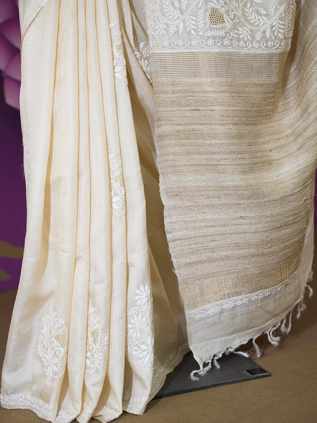 Ada Hand Embroidered Fawn Silk Lucknowi Chikankari Saree With Blouse 01A521398