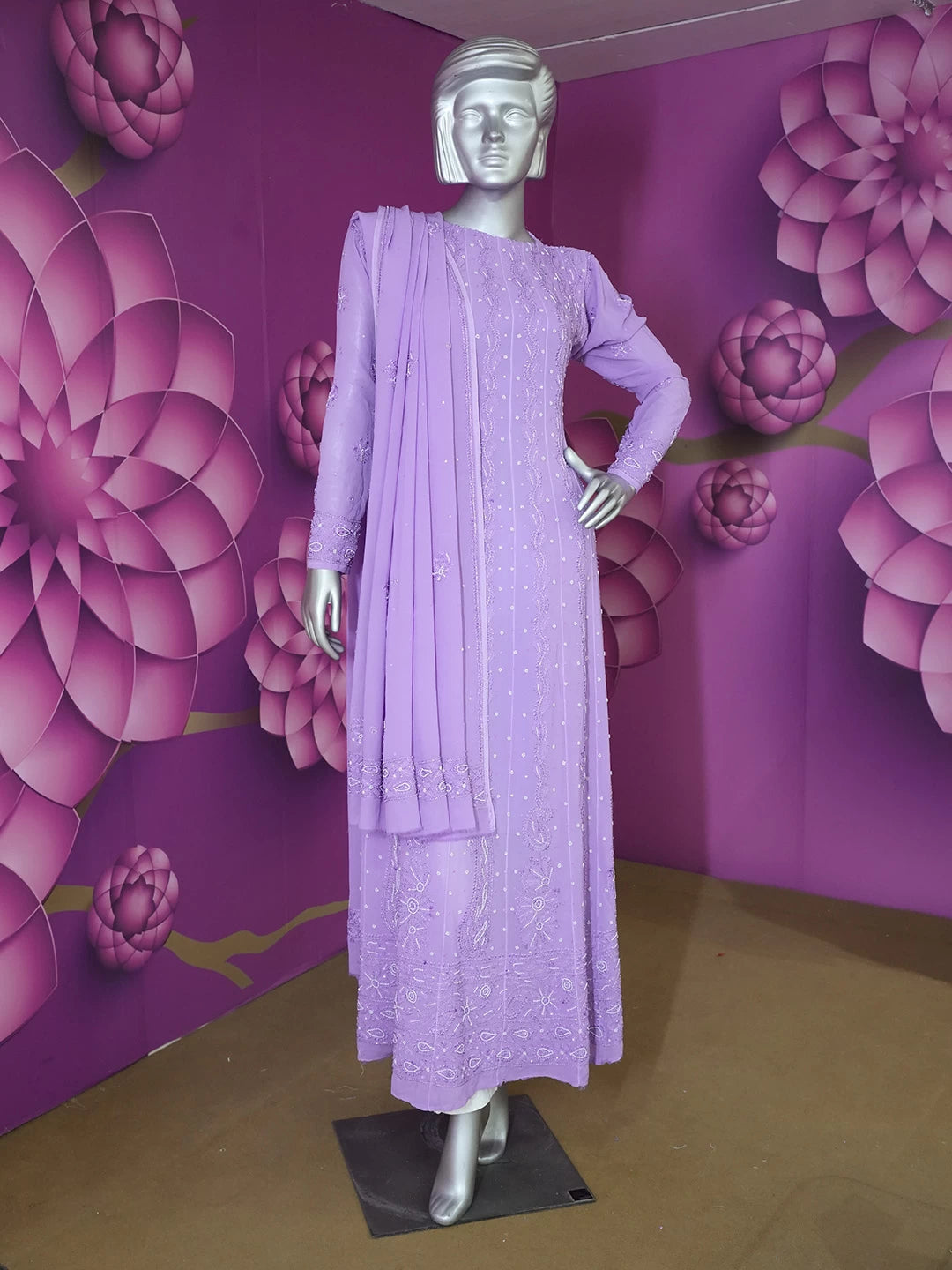 Ada Hand Embroidered Mauve Viscose Georgette Lucknowi Chikankari Semi-Stitched Anarkali Kurta Dupatta Set With Pearl Work 01A264023
